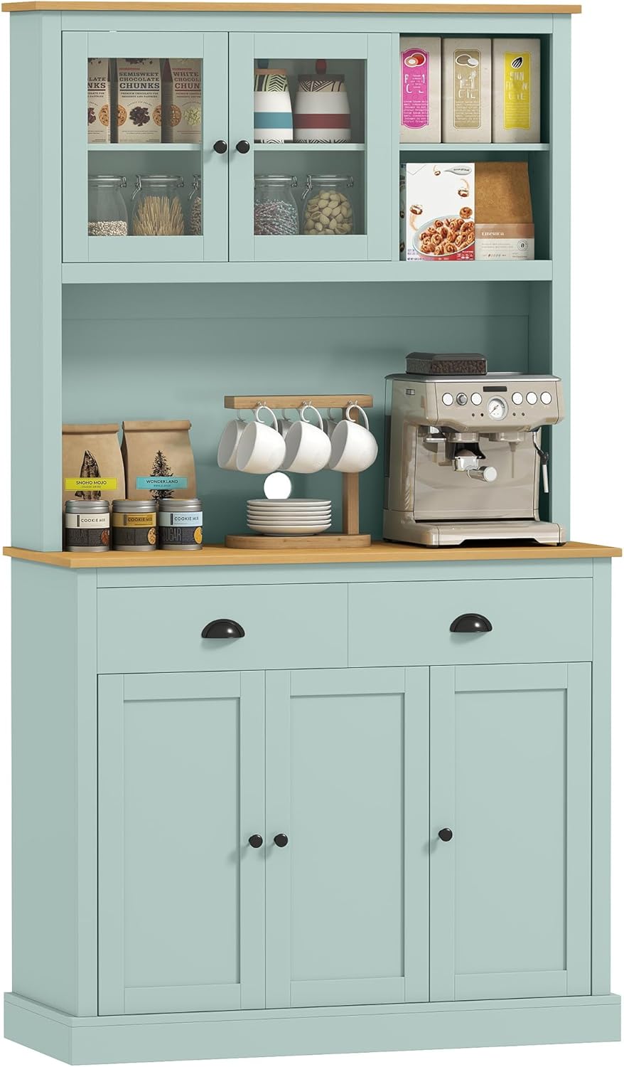 HOMCOM 71" Light Blue Kitchen Pantry Cabinet, Microwave Stand Hutch with Glass Doors, Drawers, Adjustable Shelves & Open Countertop