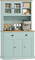 HOMCOM 71" Light Blue Kitchen Pantry Cabinet, Microwave Stand Hutch with Glass Doors, Drawers, Adjustable Shelves & Open Countertop