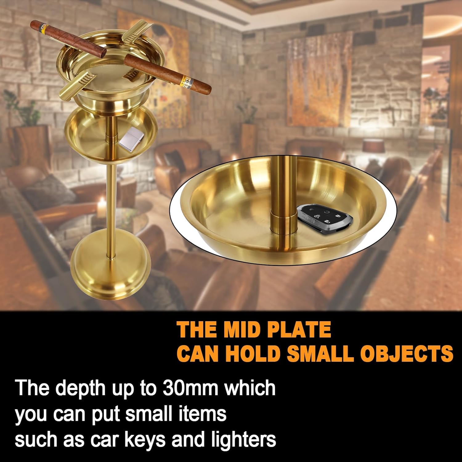 Tall Outdoor Floor Standing Cigar Ashtray,Stable Stainless Steel Standing Ashtray with Detachable Accessory Tray, 23.8 Inch Tall Standing Ashtray Resists Wind and Easy to Clean for Patio Porch
