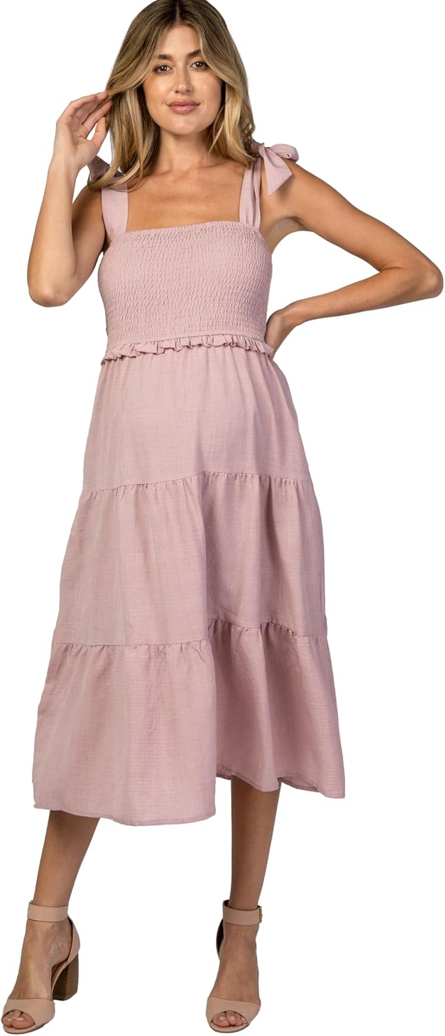 PinkBlush Bow Strap Tiered Maternity Midi Dress