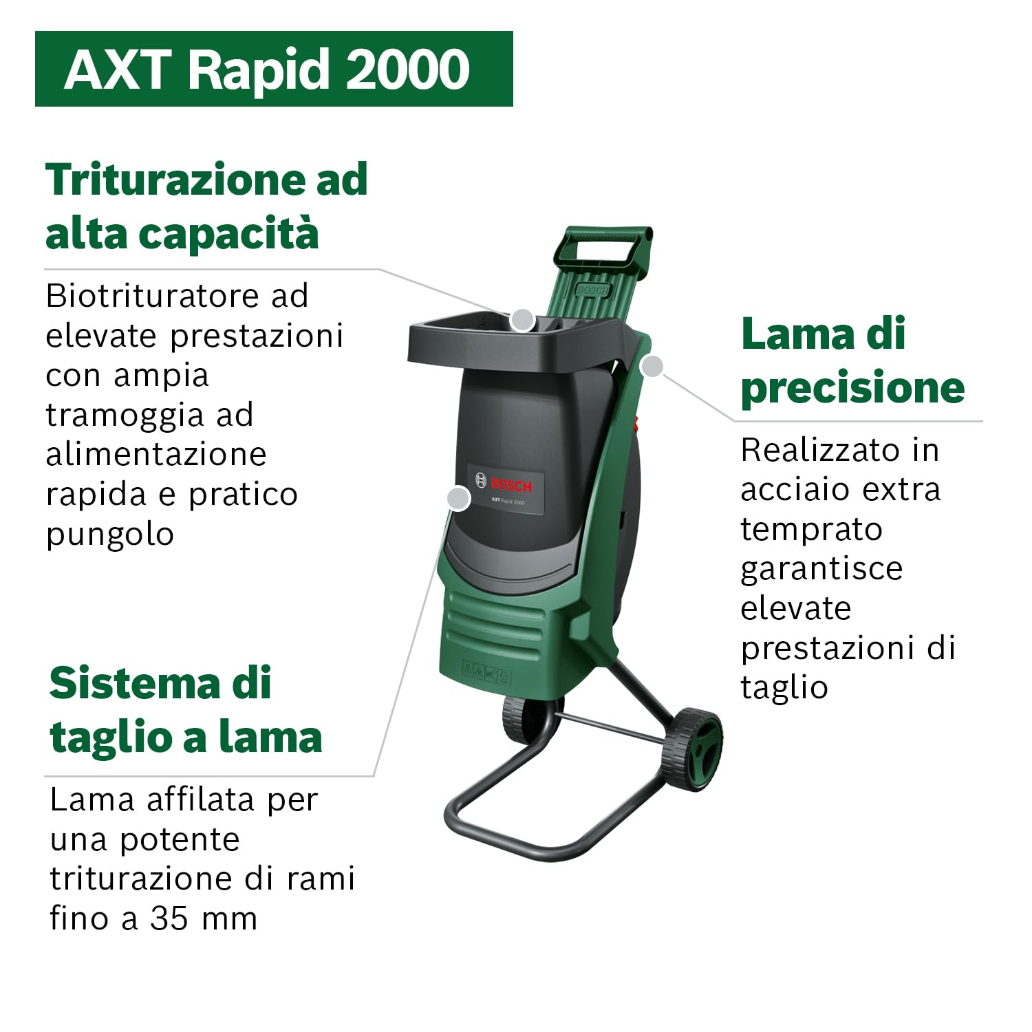 Bosch Trituratore AXT Rapid 2000 (per triturare efficacemente i rifiuti del giardino; potente motore da 2000 W)