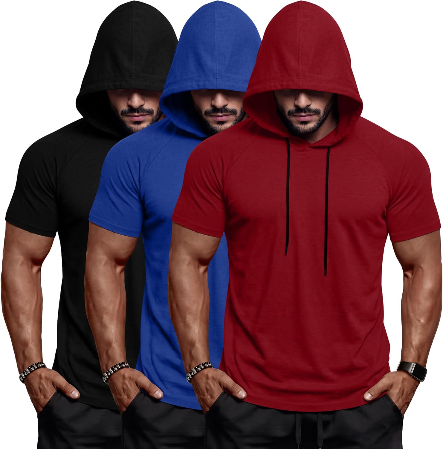 Ficerd 3 Pack Big and Tall Men's Short Sleeve Hoodies Workout Gym Hooded Shirts Lightweight Athletic Pullover Sweatshirt