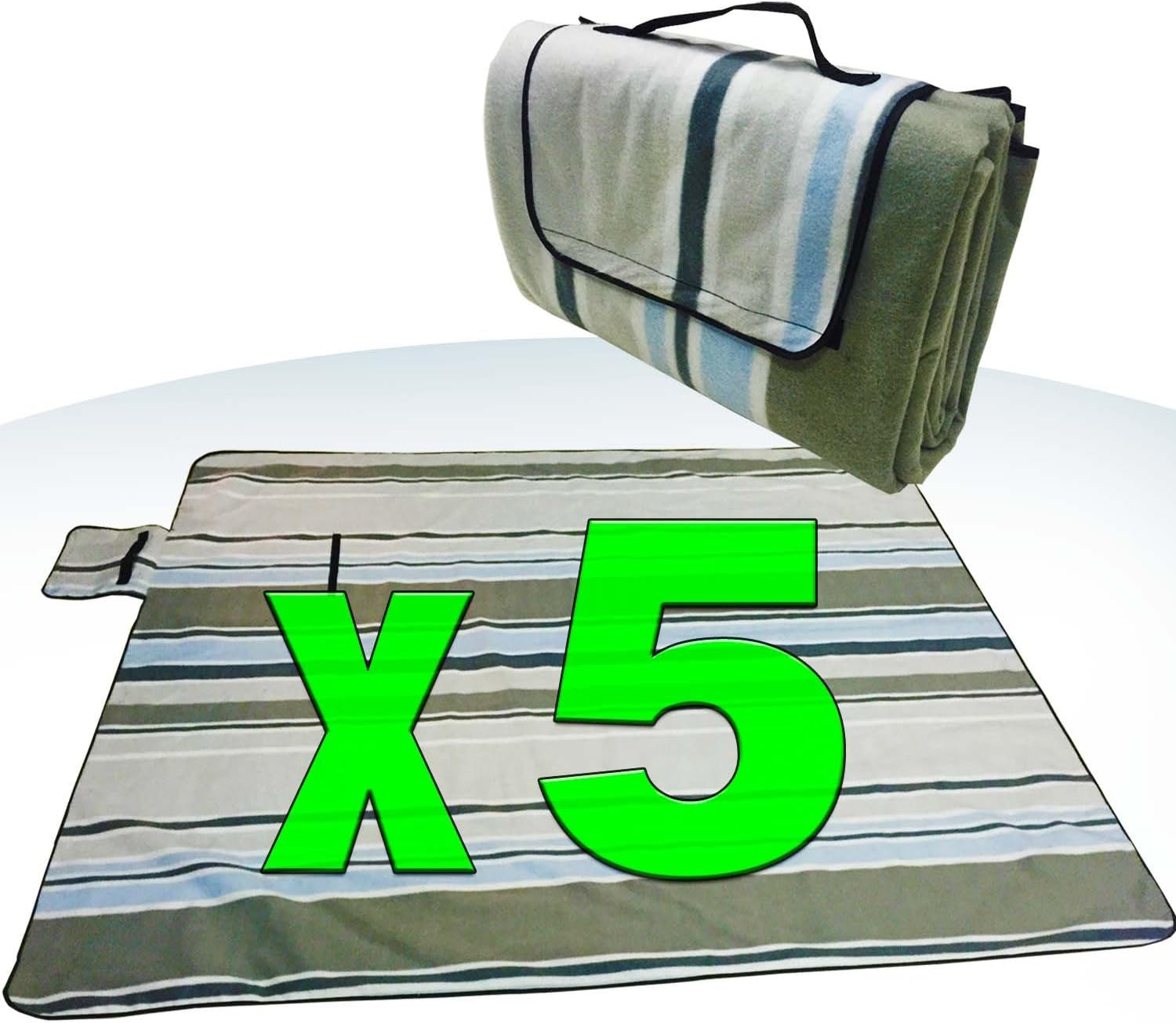 [Pack of 5] XXX-Large 70x80 Picnic Blanket Waterproof Bottom Soft top Polar Fleece Extra Large Outdoor Travel Water Sand Resistant Camping Stripe fold Perfect for Grass, Tablecloth or Handy sandproof