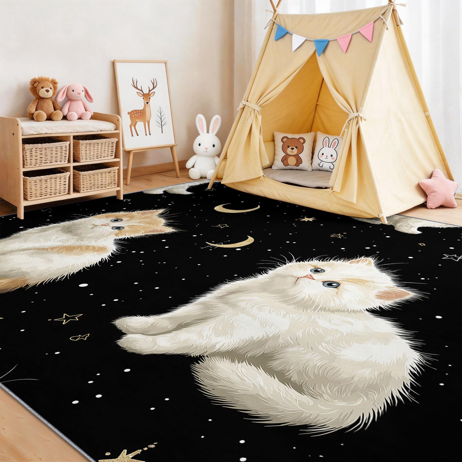 Tappeto per bambini con gatto mistico e stelle, antiscivolo, nero, lavabile, 160 x 230 cm