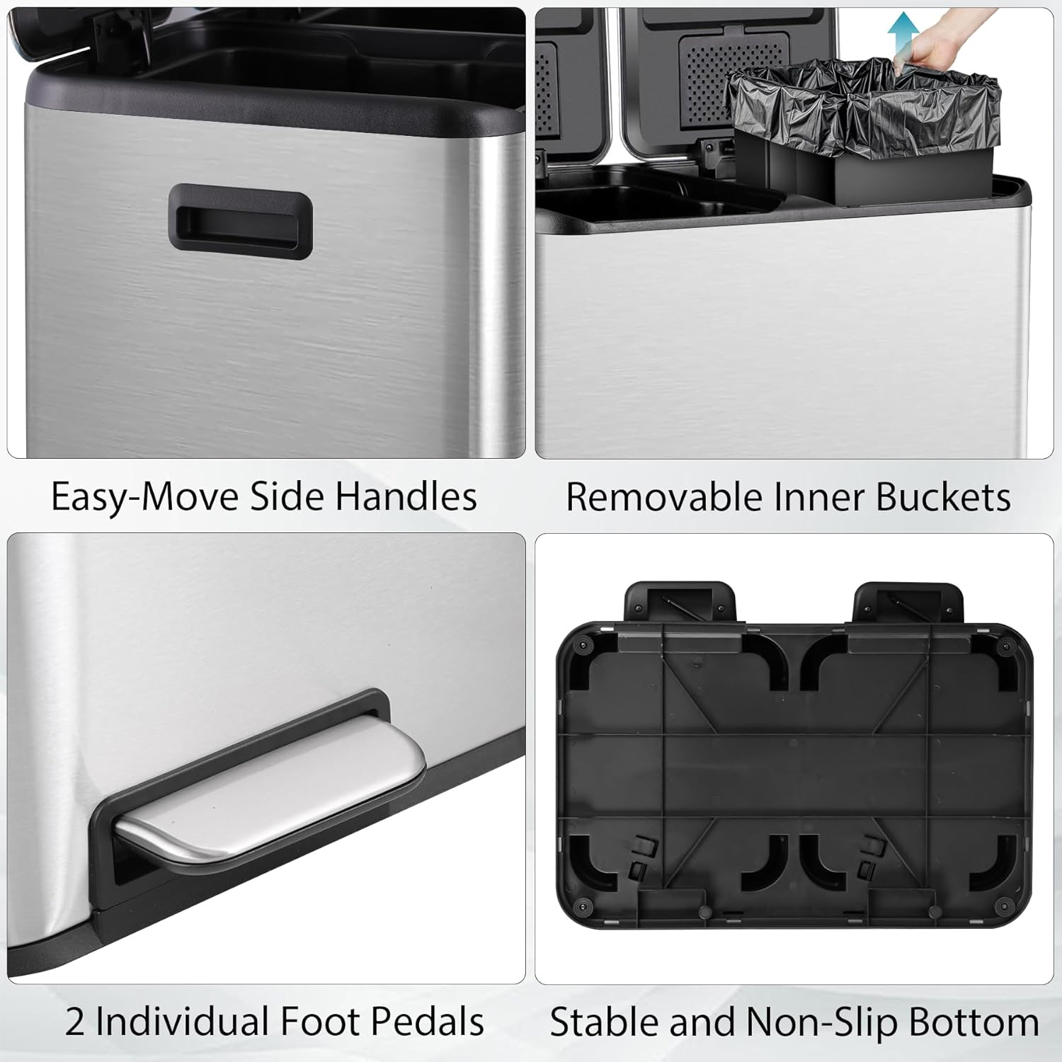 SUPER DEAL Kitchen Trash Can, 16 Gallon 60L Dual Stainless Steel Garbage and Recycling Bin with Foot Pedal for Kitchen, Living Room, Office, Removable Inner Buckets Soft Close Lid Odor Proof, Silver - Image 4