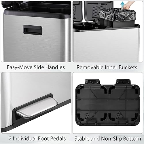 Miniatura 6 de F2C Cubo de basura doble de 16 galones (60 litros), acero inoxidable con tapas, pedales de pie y cubos interiores, contenedores rectangulares de