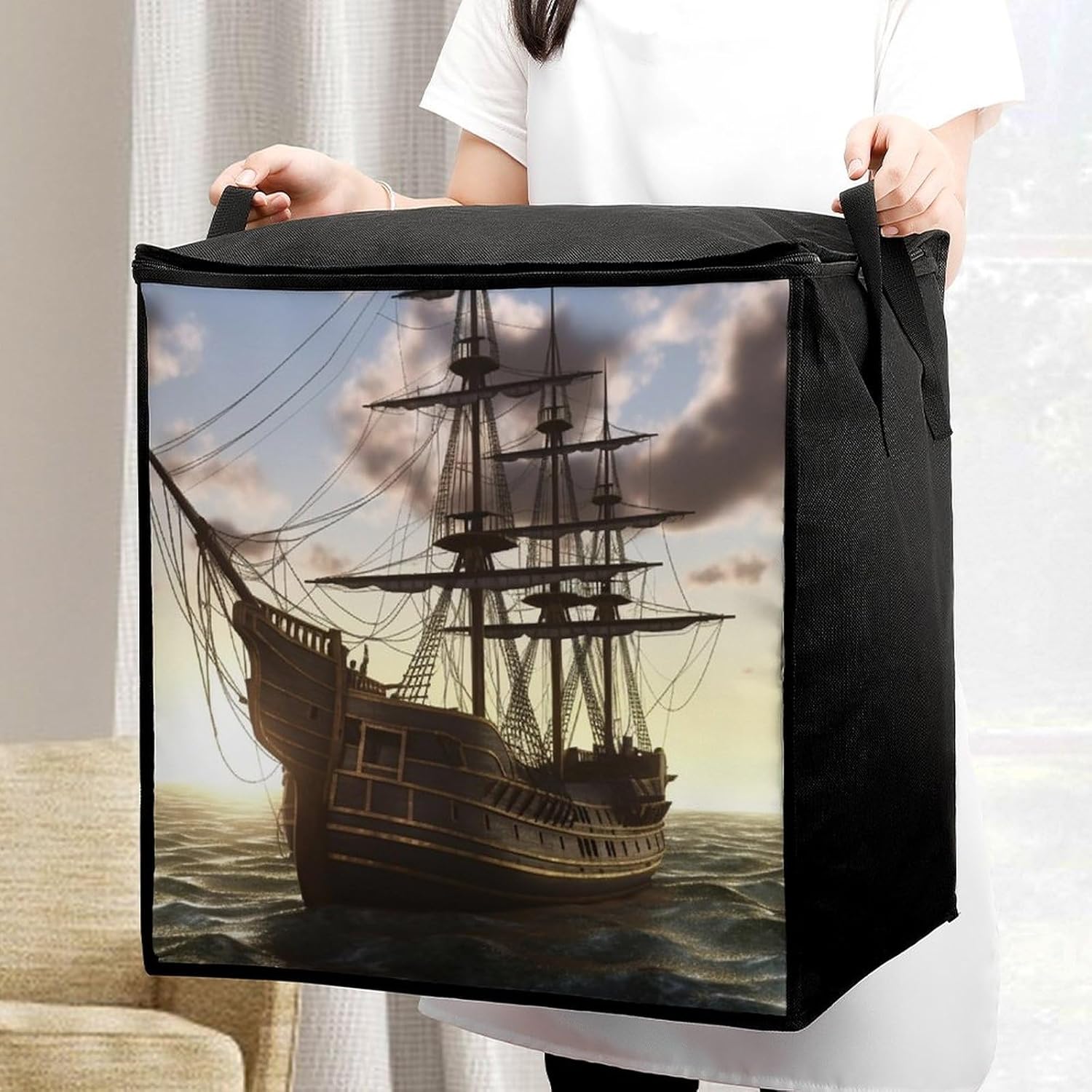 Quilt Storage Bag,Pirate Ship Printed Large Foldable Storage Container Portable Travel Storage Bag for Blankets, Quilts, Clothes, Comforter, Bedding And Pillows