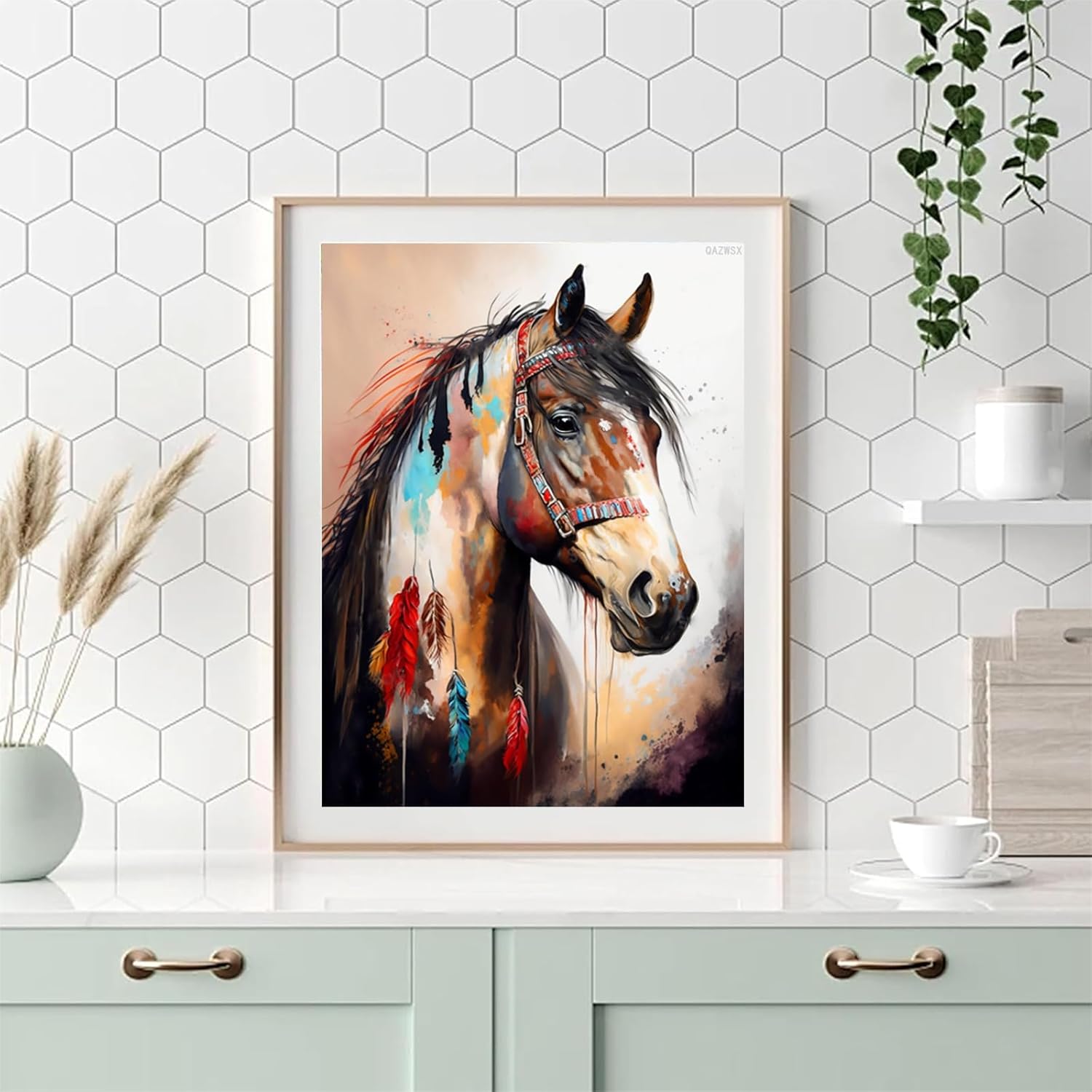 QAZWSX Diamond Painting Kits Vintage Indian Horse Diamond Painting 12x16inch DIY Adult Crystal Cross Stitch Crafts for Wall Decor Bedroom Decor Gift