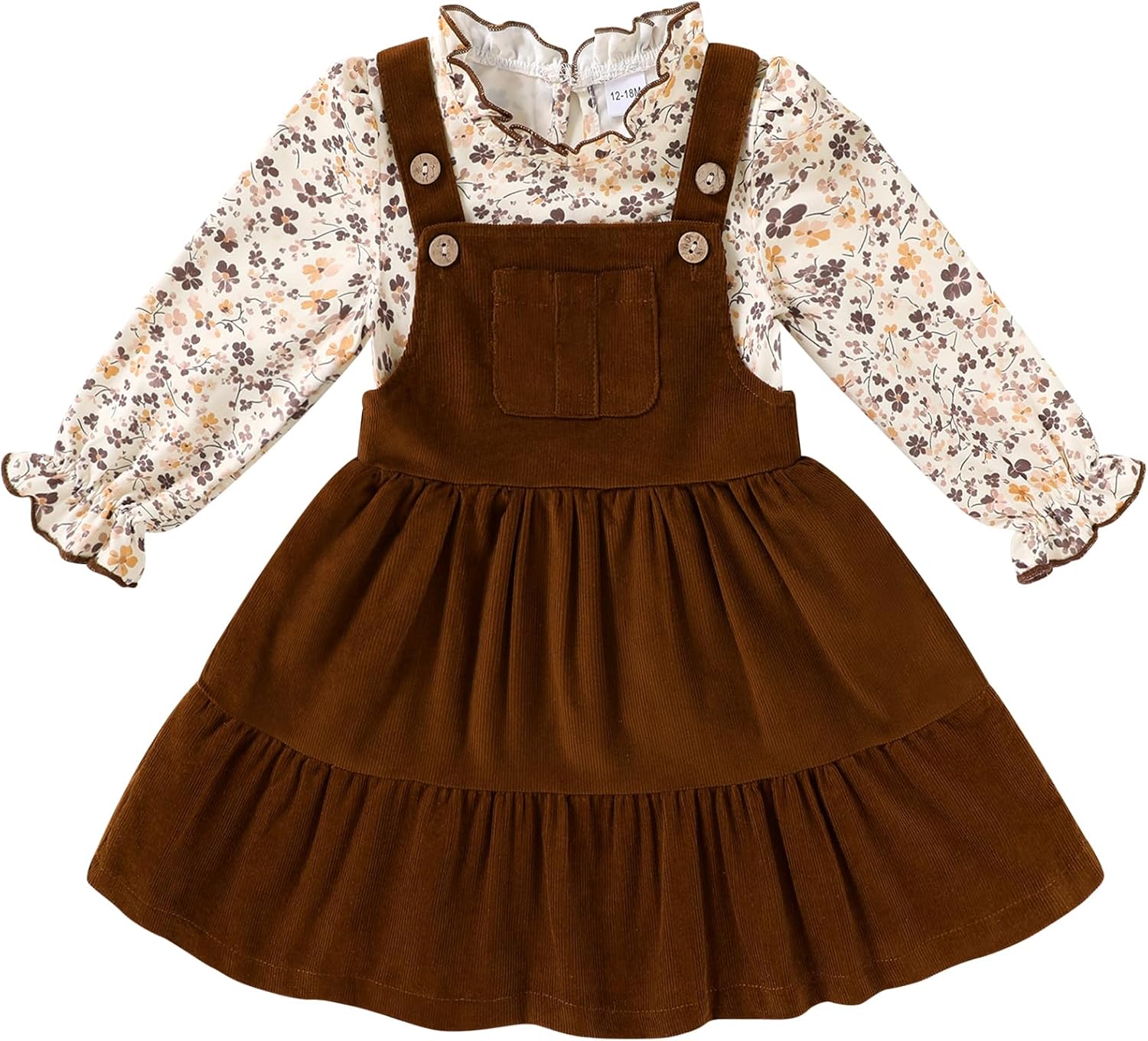 Happy Town Toddler Girl Clothes Long Sleeve Fall Outfits Ruffle Ribbed Floral Tops Overall Dress Set with Pocket