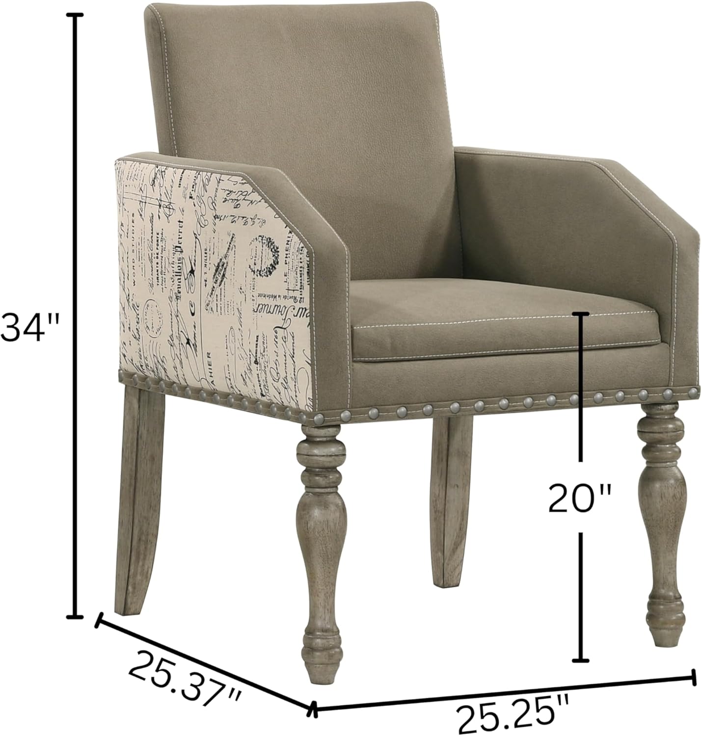 Roundhill Furniture Birmingham Script Printed Driftwood Finish Dining Arm Chair with Nail head, Set of 2,