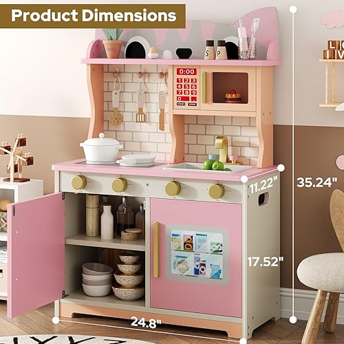 Miniatura 2 de Cocina de madera para bebés de 3 a 8 años, juego de cocina con diseño de gato con microondas, estufa, fregadero, perillas de clic, juguete de
