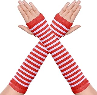 1 Pair Womens Girls Punk Gothic Striped Knitted Arm Warmers Fingerless Gloves for Halloween Costume