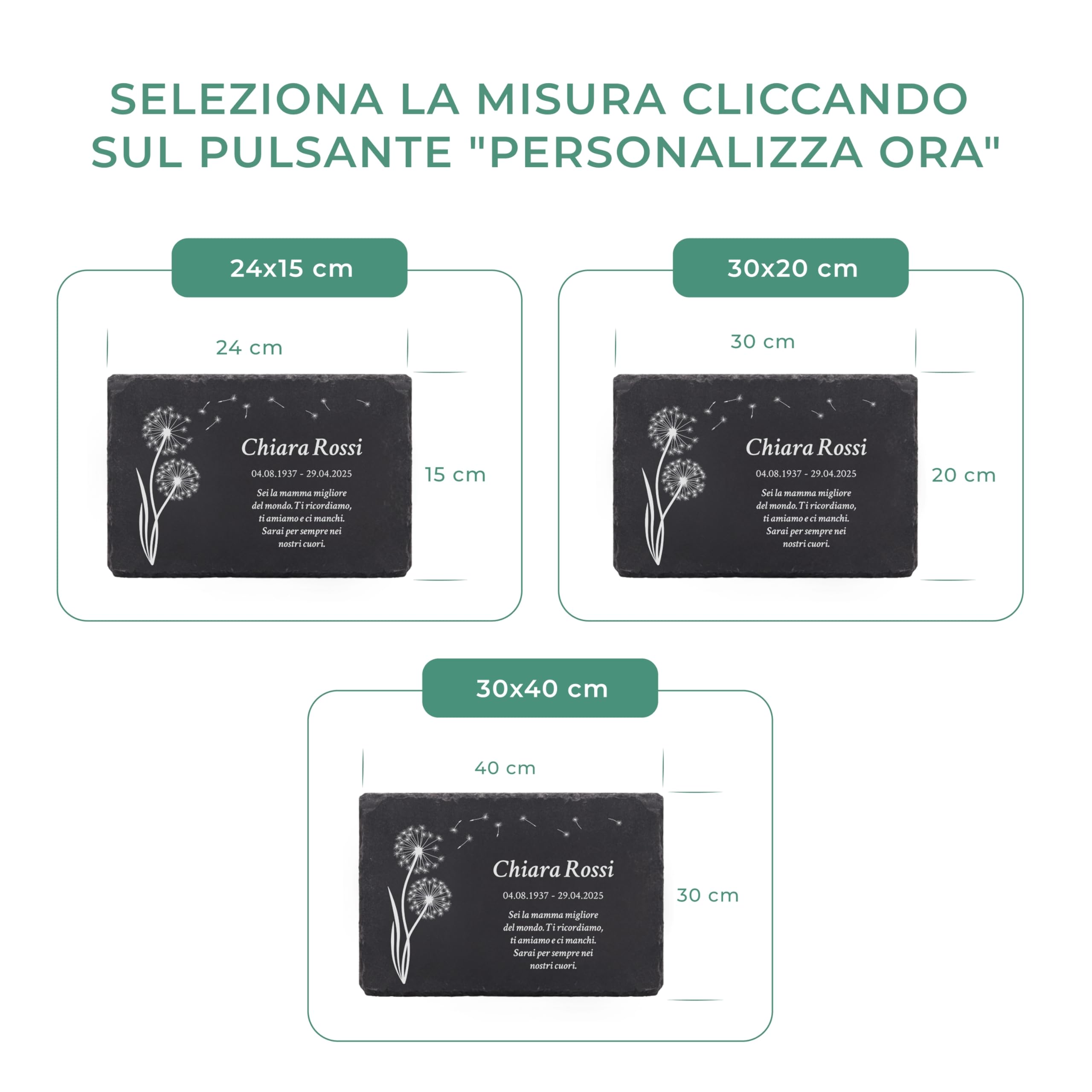 LAUBLUST Lapide personalizzata come decorazione funeraria con testo desiderato | Lastra in ardesia incisa come targhetta funebre - Motivo soffione, 3 dimensioni | Belle lapidi con nome