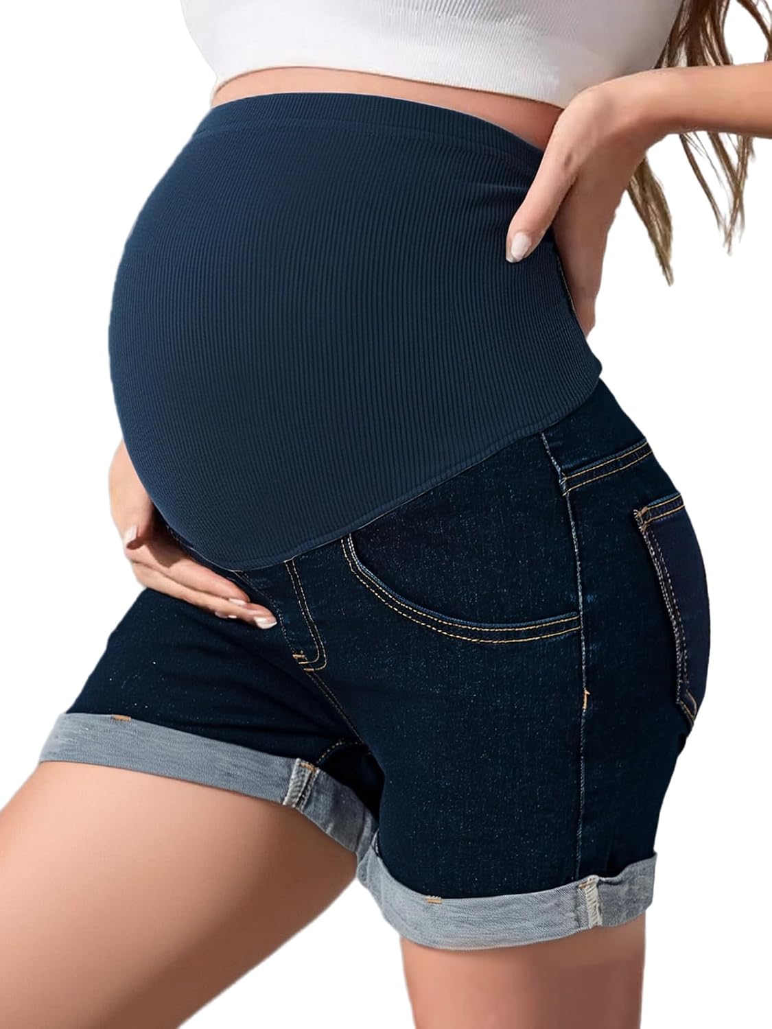 ACSUSS Maternity Denim Shorts Women's Summer High Waist Distressed Rolled Cuff Hem Casual Denim Jeans Short