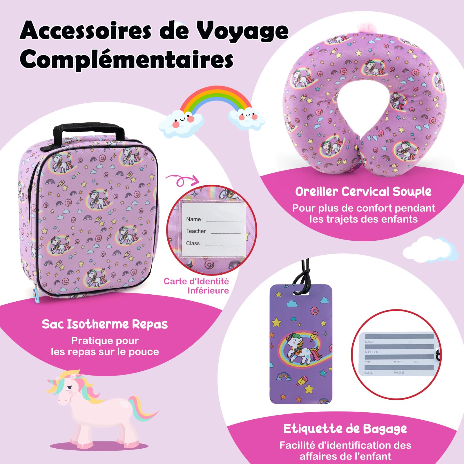 DREAMADE Valise Enfant 16" et Sac à Dos 13" avec Oreiller Cervical&Sac-Repas Isolé&Étiquette,Bagage à Main Enfants 5 Pièces avec 4 Roues à 360°,Ensemble Valise Roulette Garçon Filles (Licorne Rose)