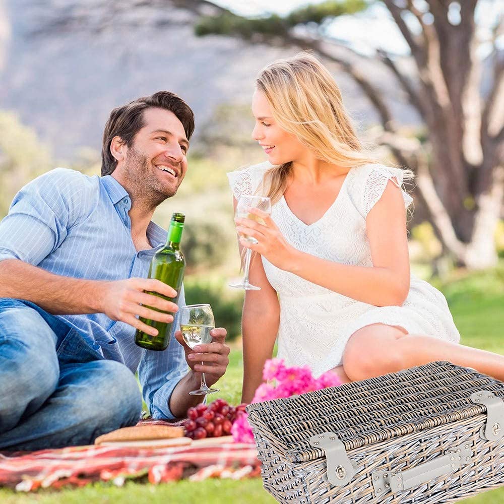Juego de Cestas de Picnic para 4 Personas con Bolsa de Forro Aislante Grande Cesta de Picnic, Bolsa de Picnic portátil con Tapa Suministros de Picnic para Acampar al Aire Libre-B
