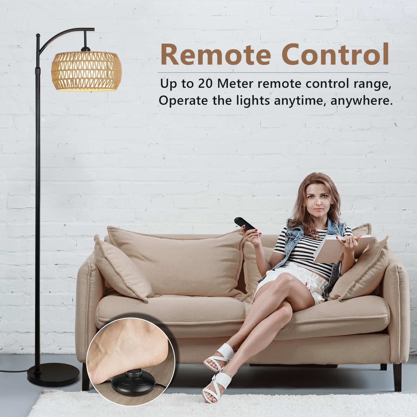 Rayofly Dimmbare Stehlampe Wohnzimmer, Rattan Stehlampe mit Fernbedienung, App-Steuerung, Boho Stehleuchte mit Rattan & Leinen Lampenschirm, Vintage Standleuchte für Schlafzimmer