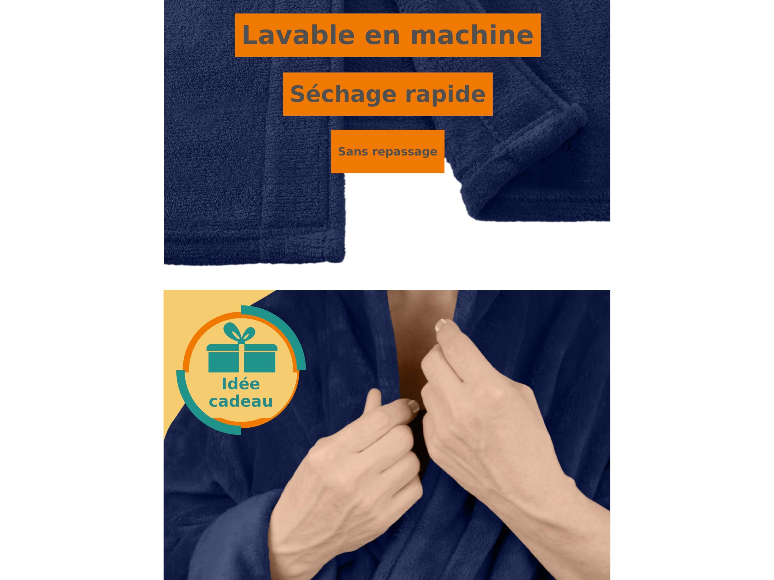 npluseins Peignoir de bain en polaire moelleuse avec col châle – Femme & Homme, XXL, Marine