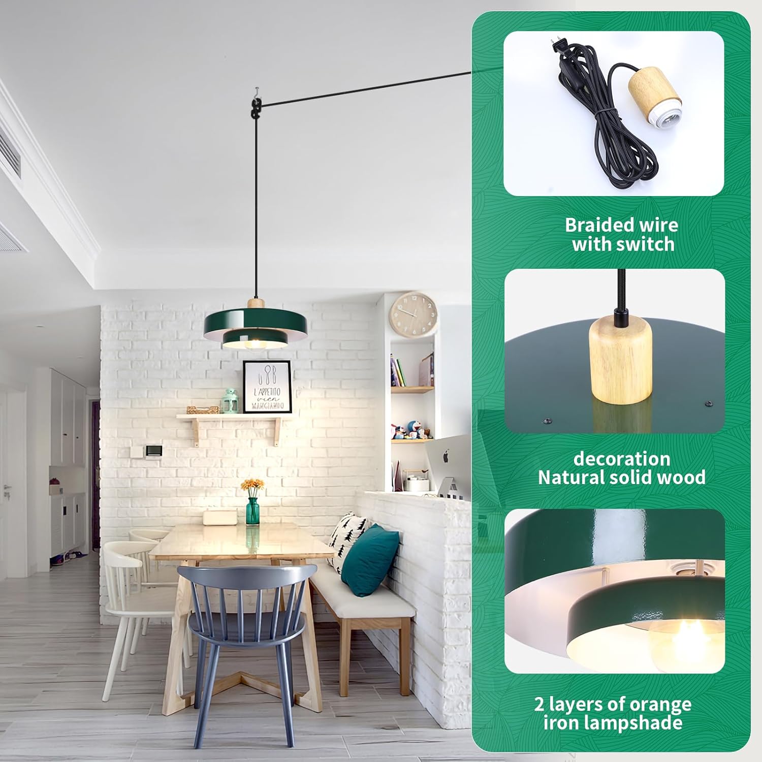 Mid Century Modern Plug in Pendant Lamp Green Nordic Plug in Pendant Light 1 Lihgt Movable Industrial Light with 13“Metal Shade Ceiling Hanging Light Fixtures for Dining Table Kitchen Island