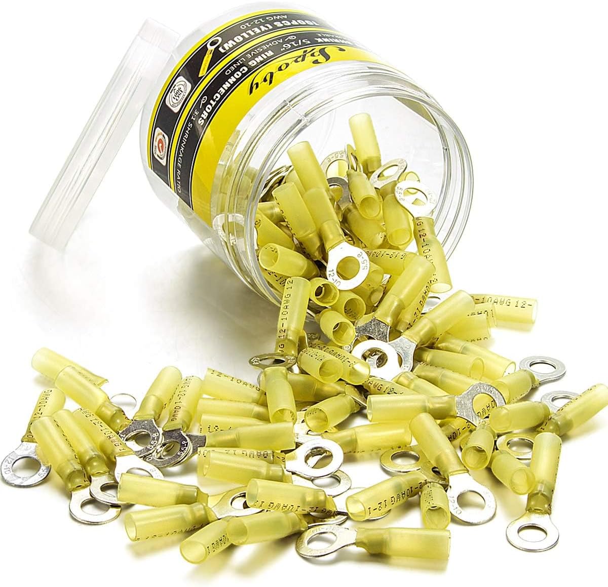 100PCS Heat Shrink Crimp Ring Connectors 5/16" Yellow 12-10 AWG | Heat Shrink Connectors, Electrical Terminals, Automotive Marine Ring Terminals