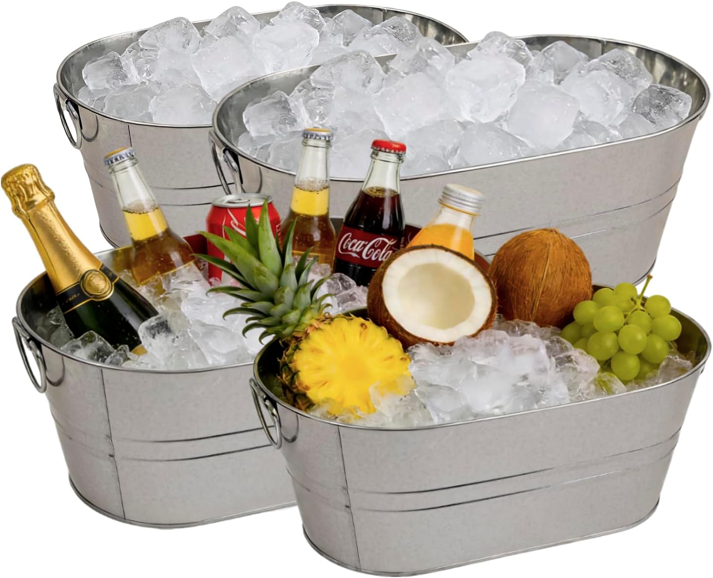 4 Pack 4 Gallon Galvanized Metal Drink Tubs with Handles, Large Beverage Ice Buckets for Parties, Beer, Wine, Cocktail Bar, Event and Table Service
