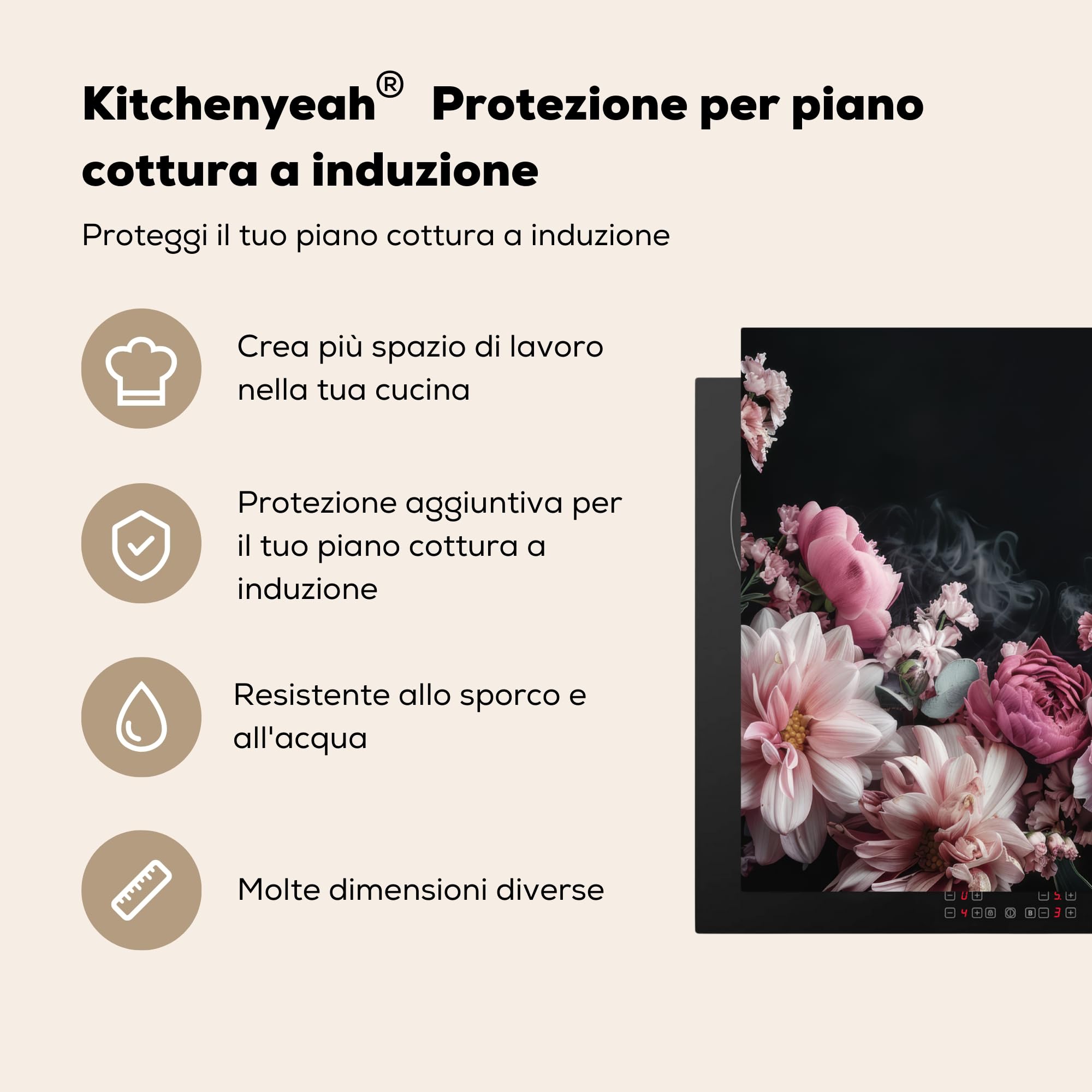 KitchenYeah© Copri Piano Cottura 60x52 cm Coprifornelli Tappetino per Induzione Fornello Tutto per la Cucina Fiori - Rosa - Natura - Nero