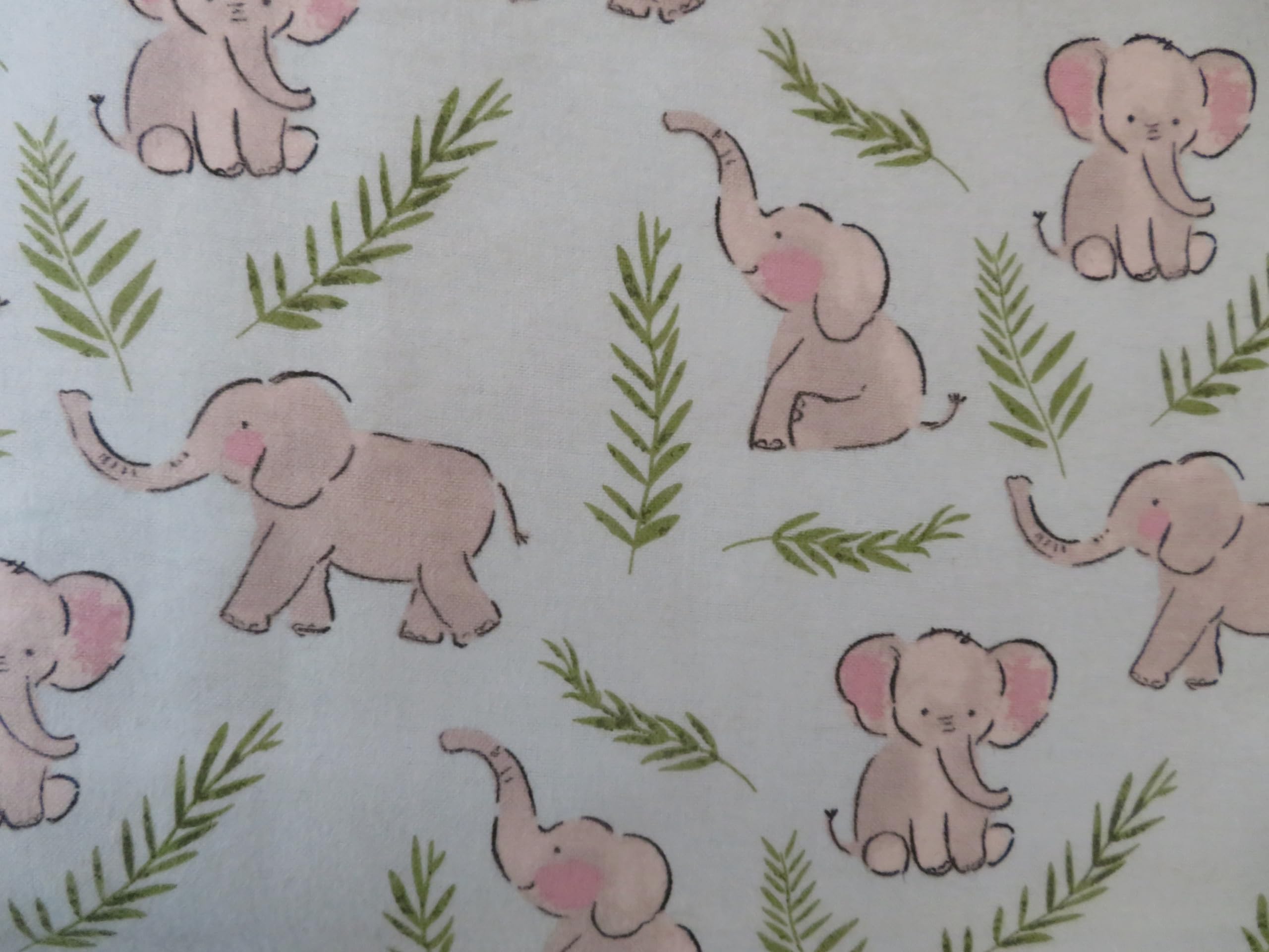 Baby Elephant Print Flannel Fabric, Pink & White with Tropical Leaves