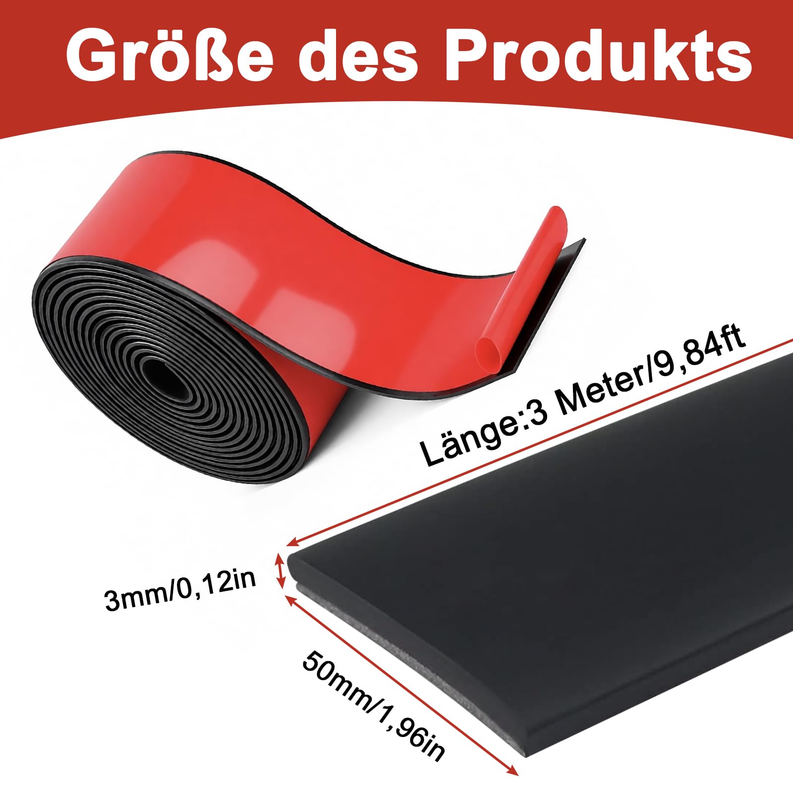 Strisce di Gomma Autoadesive, (50mm x 3mm x 3m) Strisce di Gomma in Neoprene, Strisce di Gomma Solida, Rotoli di Gomma Autoadesiva, Per Isolamento, Sigillatura, Nero