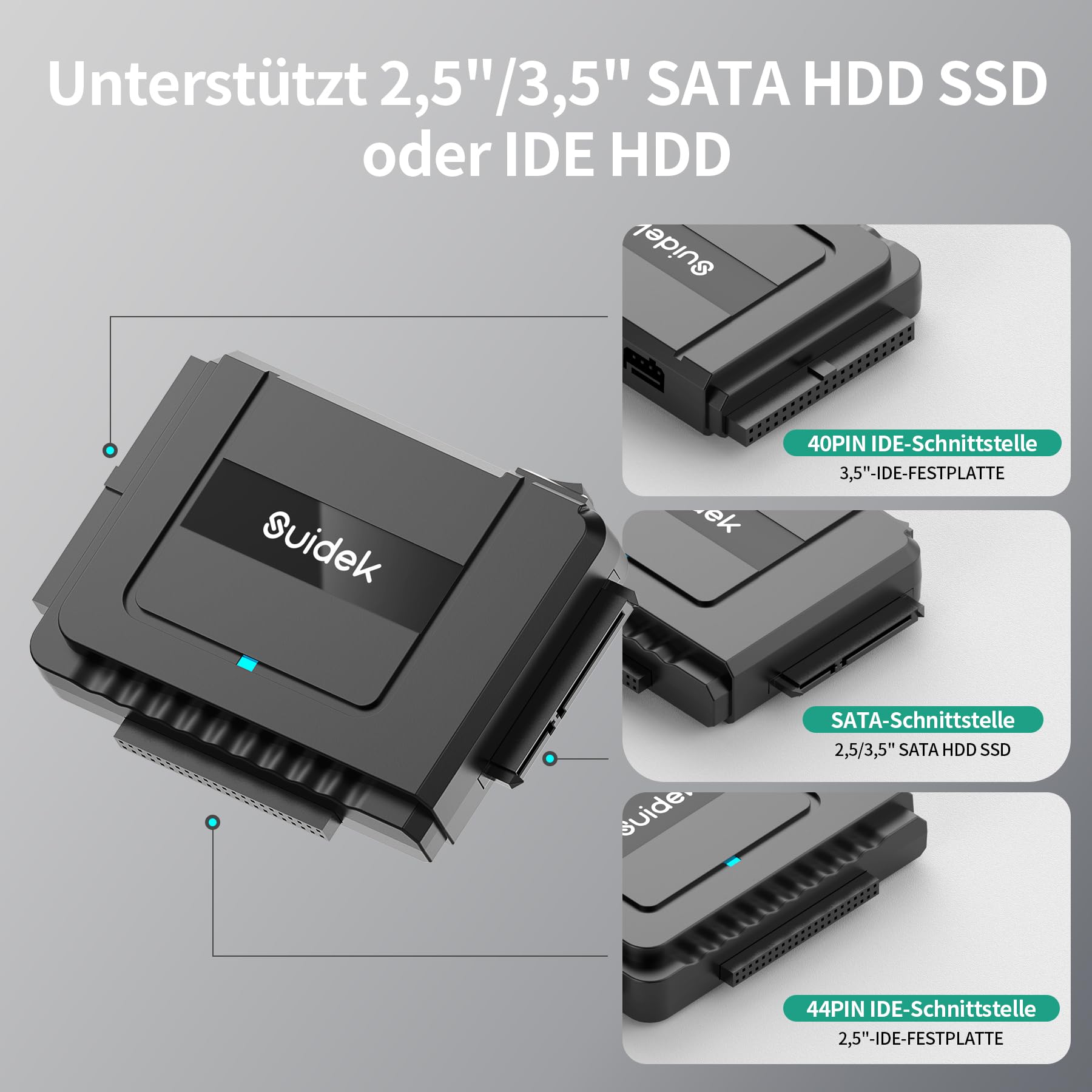 SUIDEK USB 3.0 zu SATA IDE Adapter, Externer IDE Festplatten Auslesen Adapter für universelle 2.5/35 Zoll HDD/SSD Festplatten, SATA zu USB Konverter mit 12V/2A Netzteil