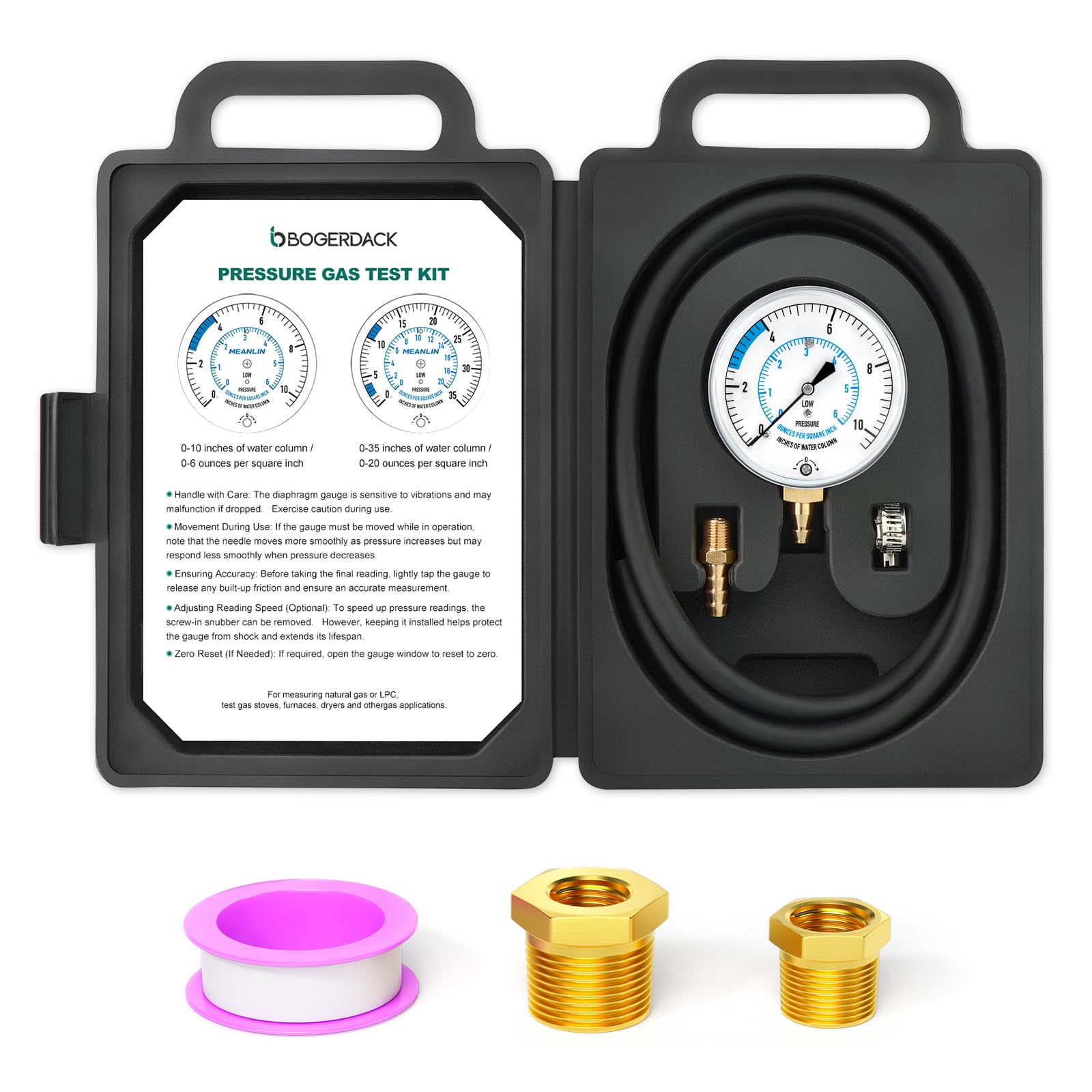 Kit de prueba de presión de colector de gas natural o LP de 0 a 10 pulgadas, con manguera de pies de 40 pulgadas, accesorio NPT de 1/8 pulgadas, conexión de púas y buje hexagonal, para