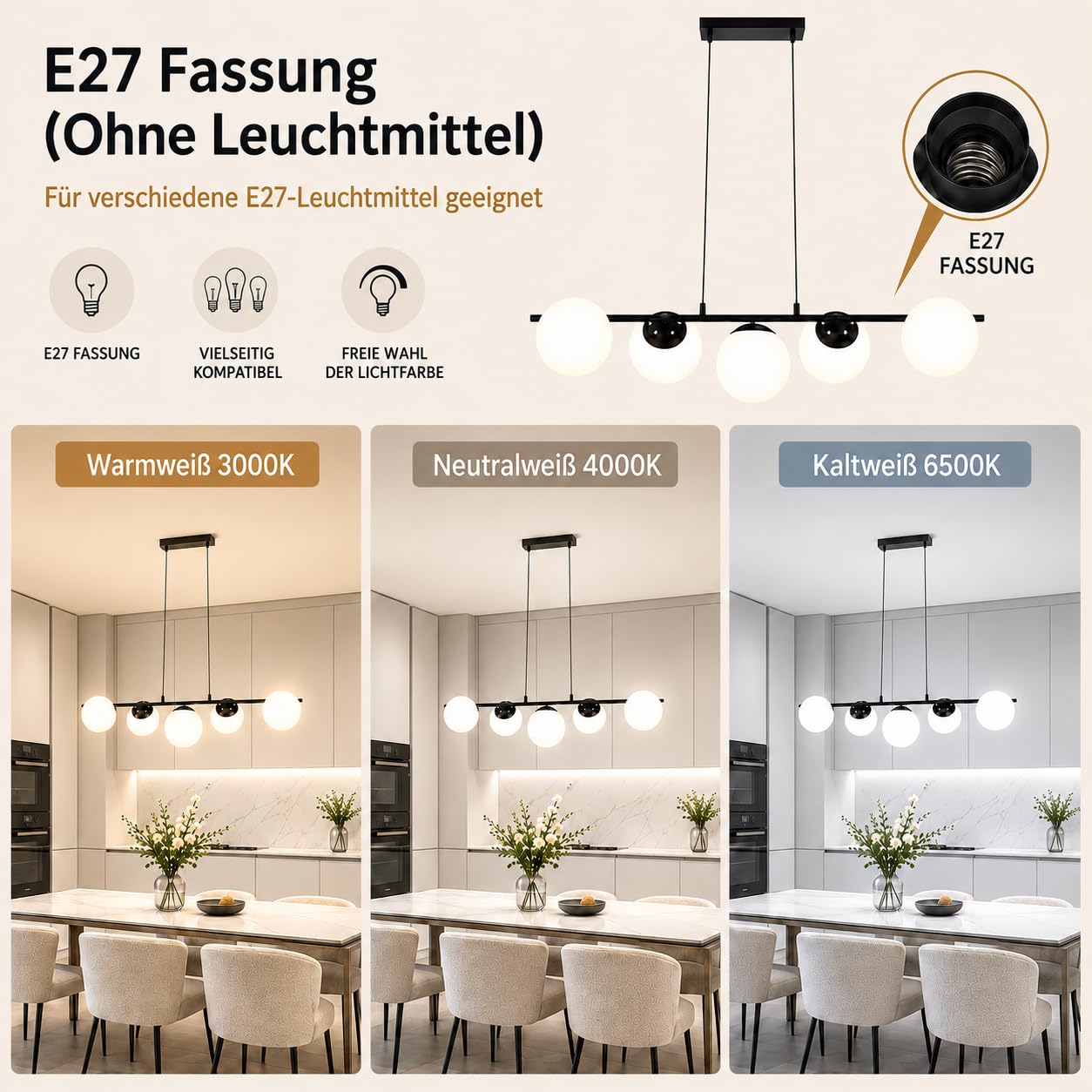 ZMH Lámpara colgante negra de cristal con 5 luces E27 | Altura ajustable hasta 150 cm para mesa de comedor o salón bombillas no incluidas