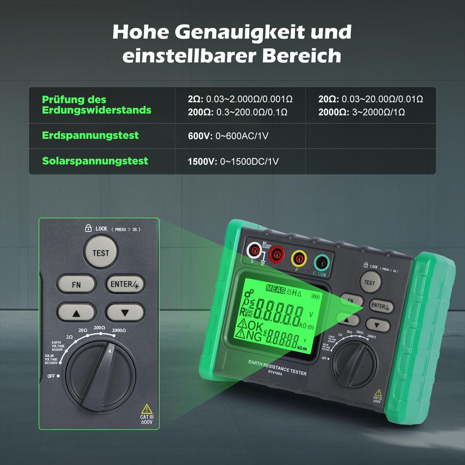 DY4100A Erdungsmessgerät Erdungswiderstandsprüfer, Digitaler Erdungswiderstand 0~2000Ω Ohm Real Megohmmeter, Automatische Messung 0~600V Erdungswiderstandsmessgerät 1500V Solarspannungsmessung