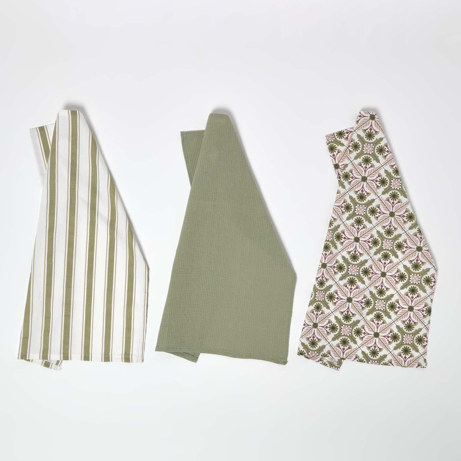 Homescapes Unisex Green & Pink Retro 100% Cotton Tea Towels, Set Of 3