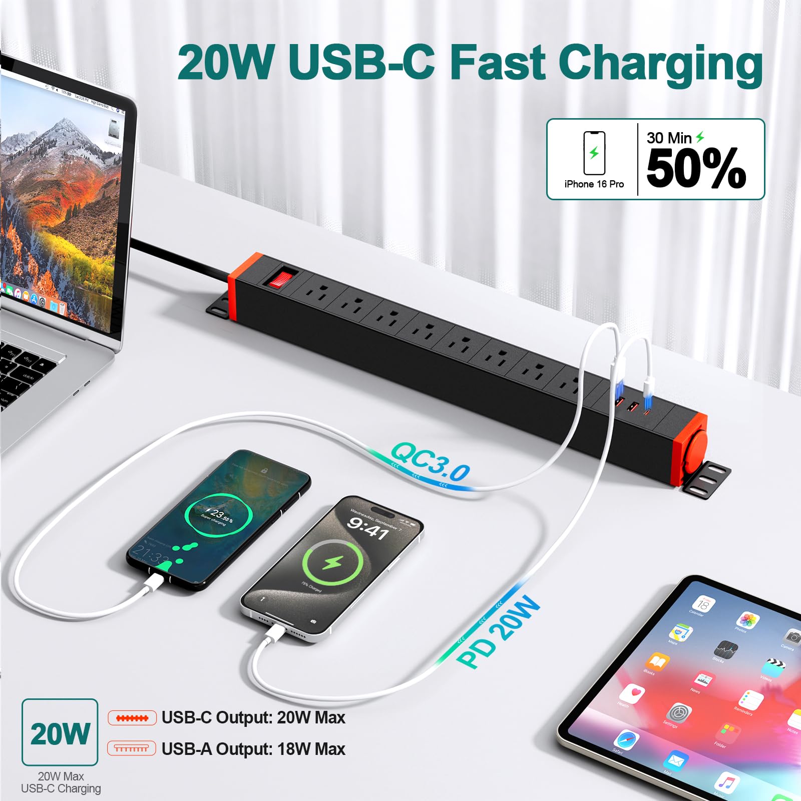 QBA 8 Outlet Heavy Duty Power Strip with USB Ports, Rack Mount Surge Protector with 360° Rotating Brackets, USB C PD 20W, Wall Mount Power Strip for Home Office Garage Workshop