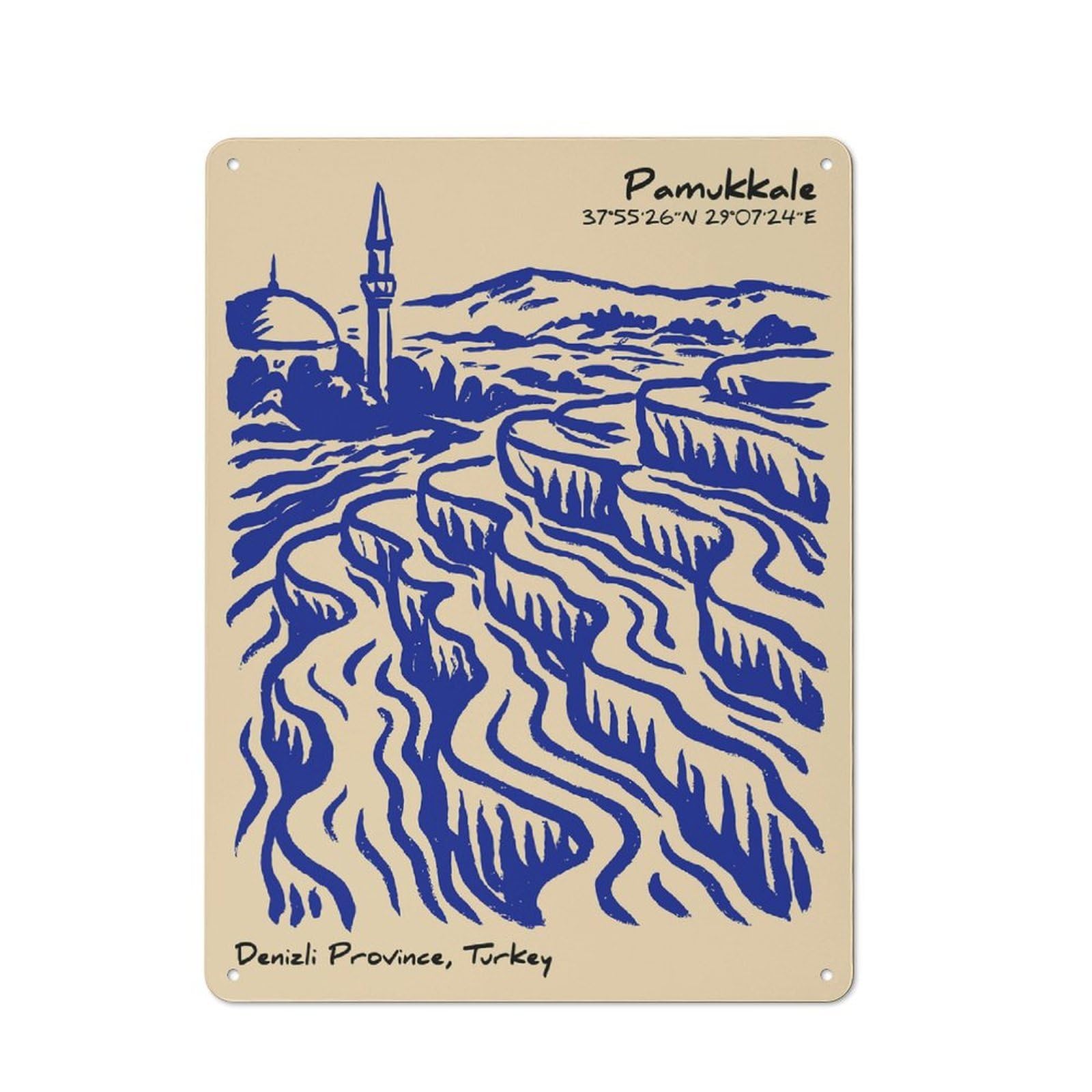 Junmoney Style-1 Urban Pamukkale Terraces And Minaret Decorative Metal Plaque 40X30cm, Urban Room Decor For Flat, Bar, Studio Or Gallery Wall