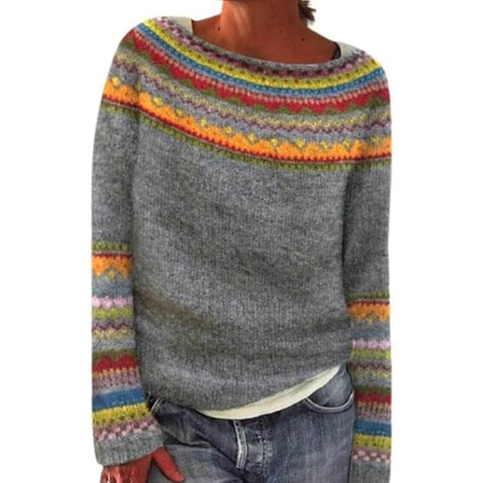 Maglioni da donna per autunno e inverno Fair Isle a maniche lunghe vintage autunno maglioni tunica vacanza sci fantasia lavorato a maglia sciolto brutto soffice top camicetta donna maglioni in cotone