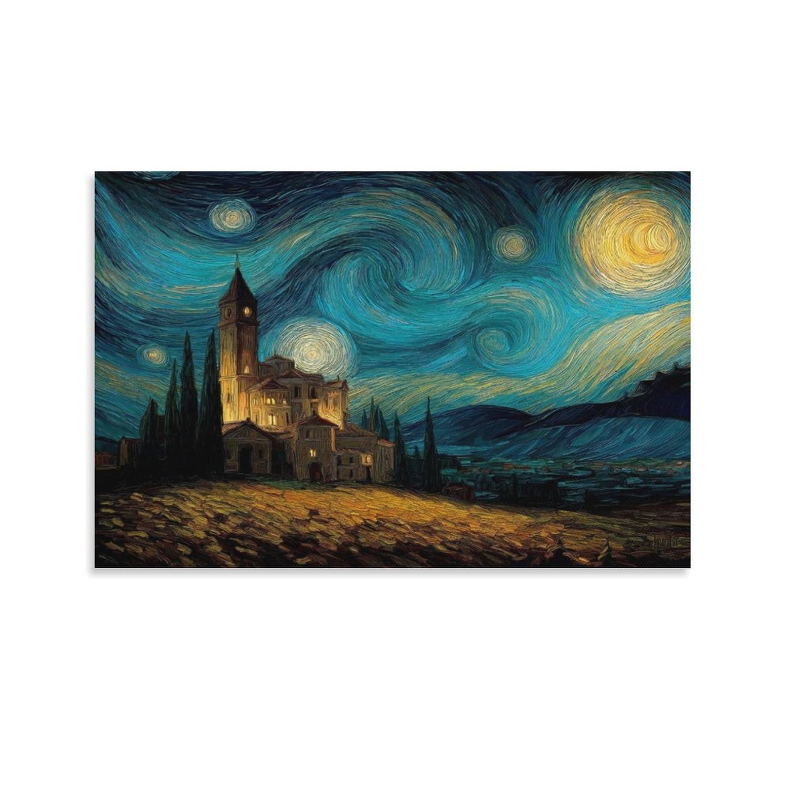CPLVKWRQJ Starry Night Church Individual Swirly Starry Night Castle Landscape Art Wall Art Pieces - Office Canvas Print Fade Resistant Wall Focal Art Ready to Hang 20x30inch(50x75cm)
