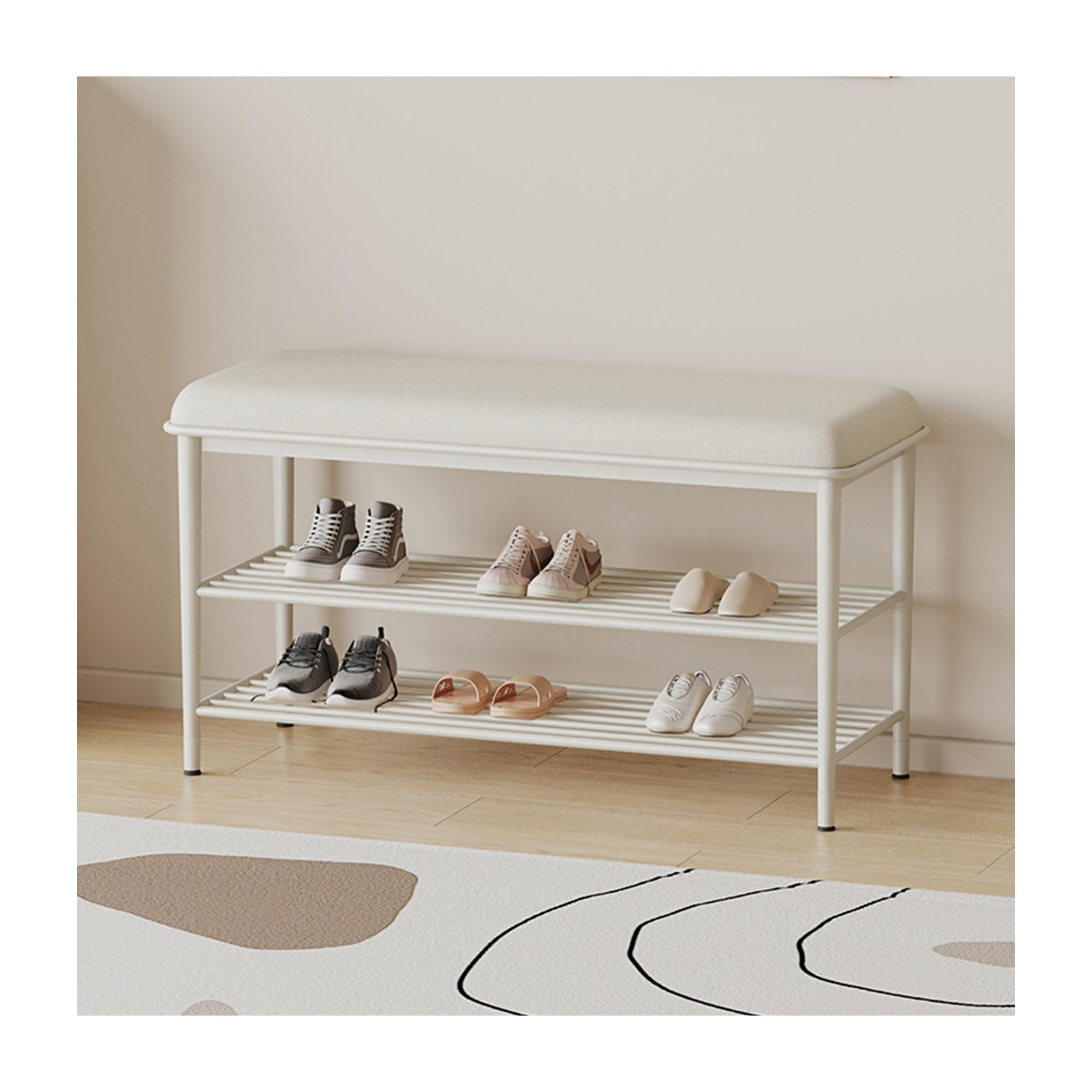 Organiseur à chaussures en métal blanc petit espace avec banc moderne
