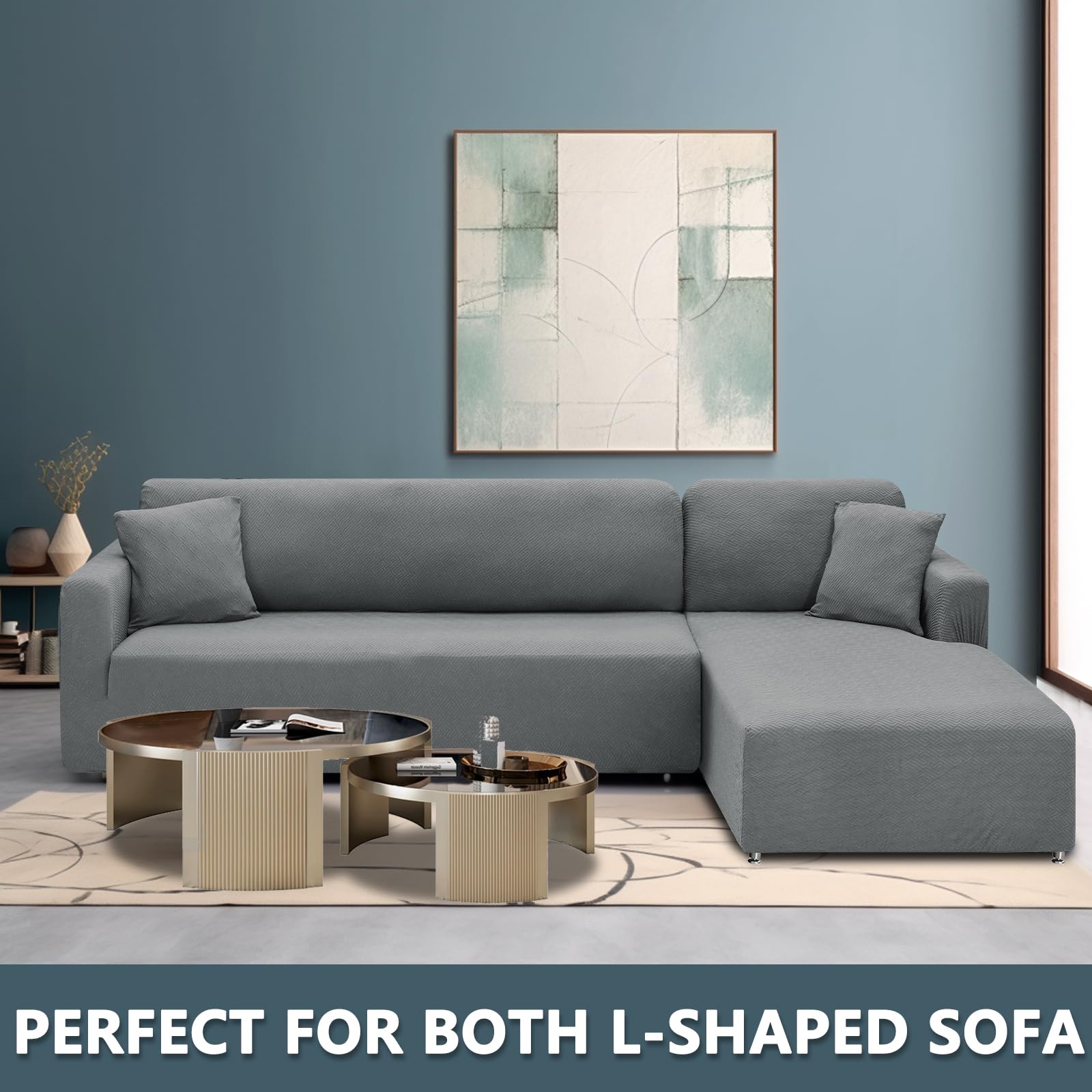 CHELZEN Copridivano con Penisola Elasticizzato, 2 Pezzi Sinistra/Destra Angolo Divano Copertura, Chaise Longue Sofa Cover a Forma di L (3 Posti+3 Posti, Grigio Chiaro)
