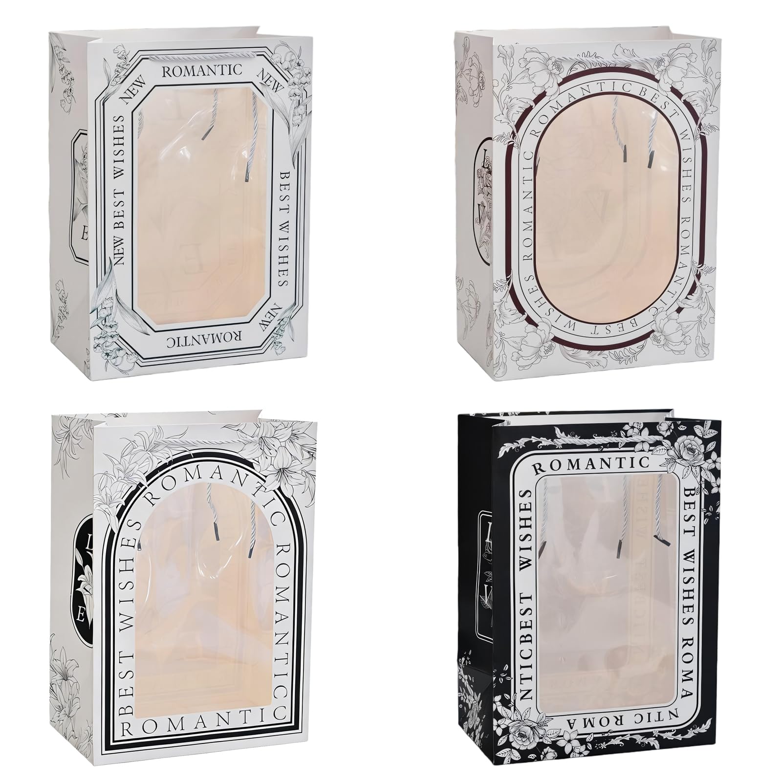 HANSWARE 4 Pack Premium White Valentine Gift Bags with Clear Window for Women - Romantic Gift Bags for Bridal Shower, Wedding Favors & Valentine’s Day, Holds Flowers & Stuffed Animals