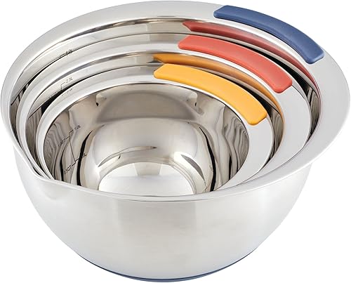 Miniatura 16 de Ayesha Curry Kitchenware Pantryware - Cuencos para mezclar de acero inoxidable, juego de 3 piezas, color plateado con asas de color