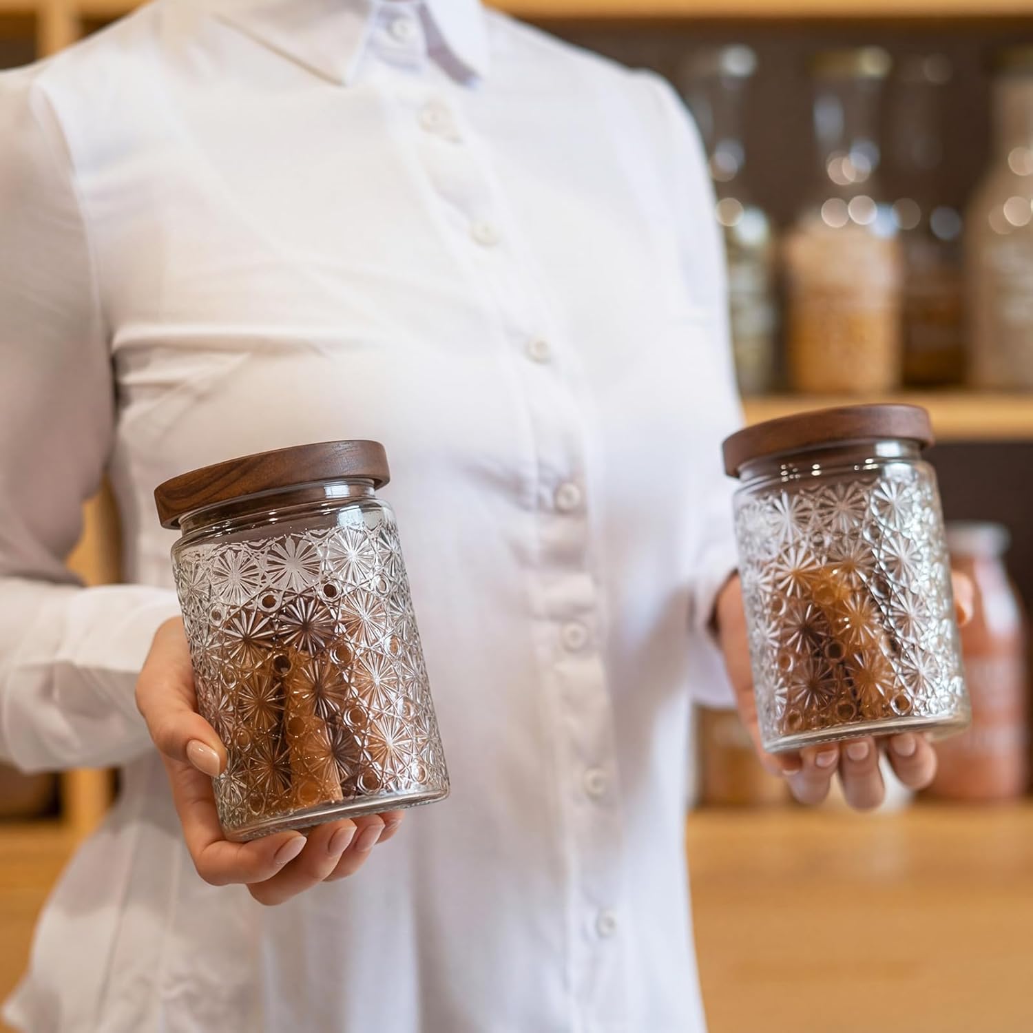 Suclain 6 Pack 23.7 oz Vintage Glass Jar with Wooden Lids Airtight Storage Food Container Jar for Kitchen Bathroom Pantry Decorative Vintage Canister for Coffee Beans, Brown Sugar(Stars)