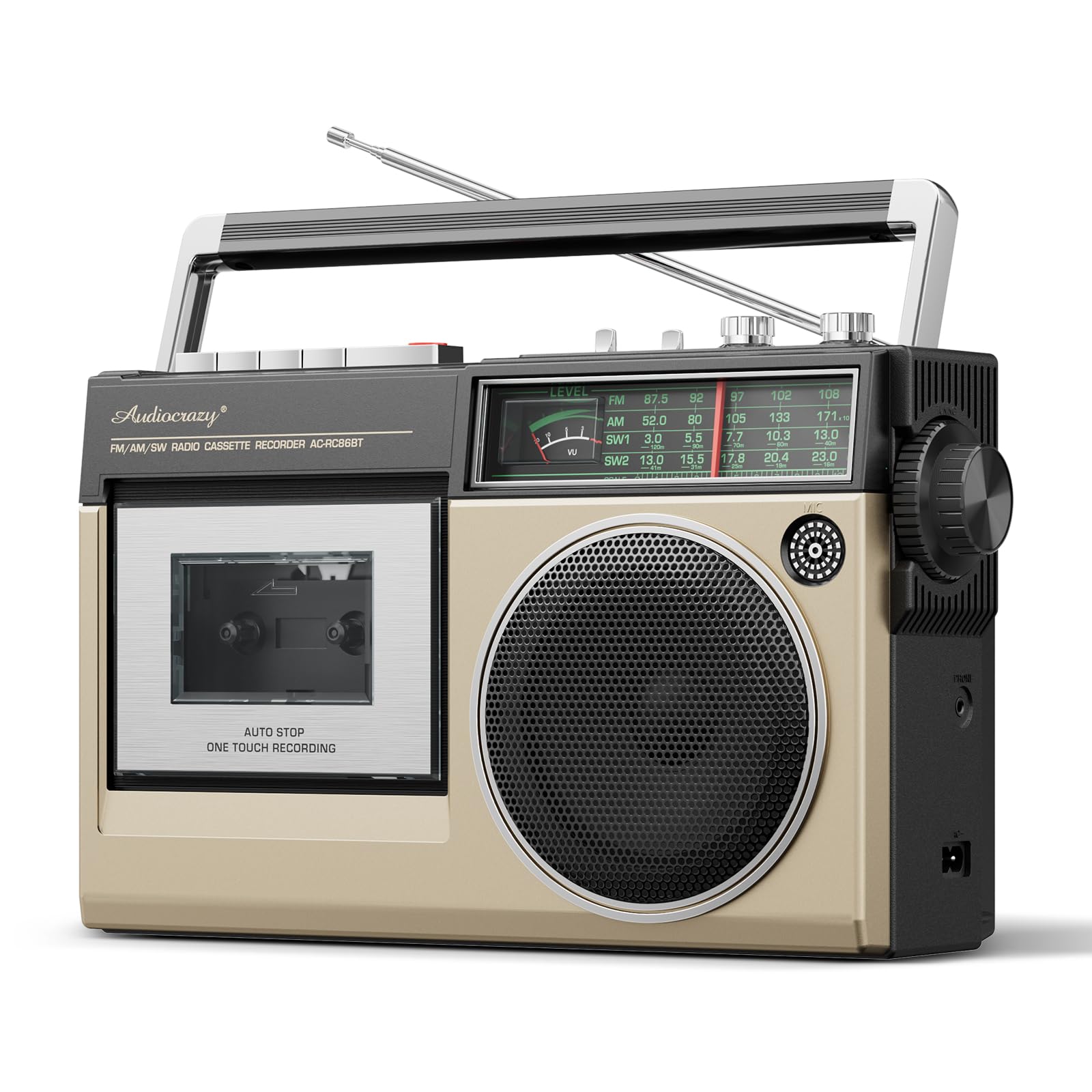 Portable Cassette Tape Player with AM FM SW Stereo Radio, Bluetooth Cassette Player Recorder with Built-in Microphone | USB Port | Headphone Jack | AC/Rechaegeable/D Cell Battery (Gold)