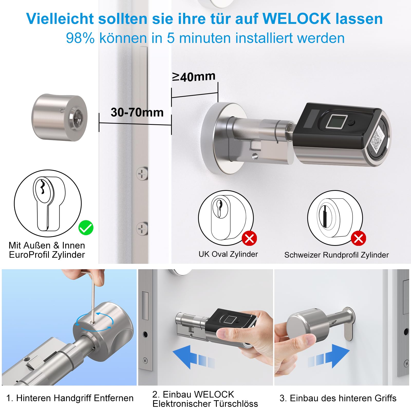 WELOCK SECBN51 Fingerabdruck Elektronisches Türschloss für 30-70mm Tür | RFID-Karte Bluetooth WIFI APP, Fingerabdruck Schloss IP65,Smartes Türschloss USB-Ersatzentriegelung EU-Profiltür