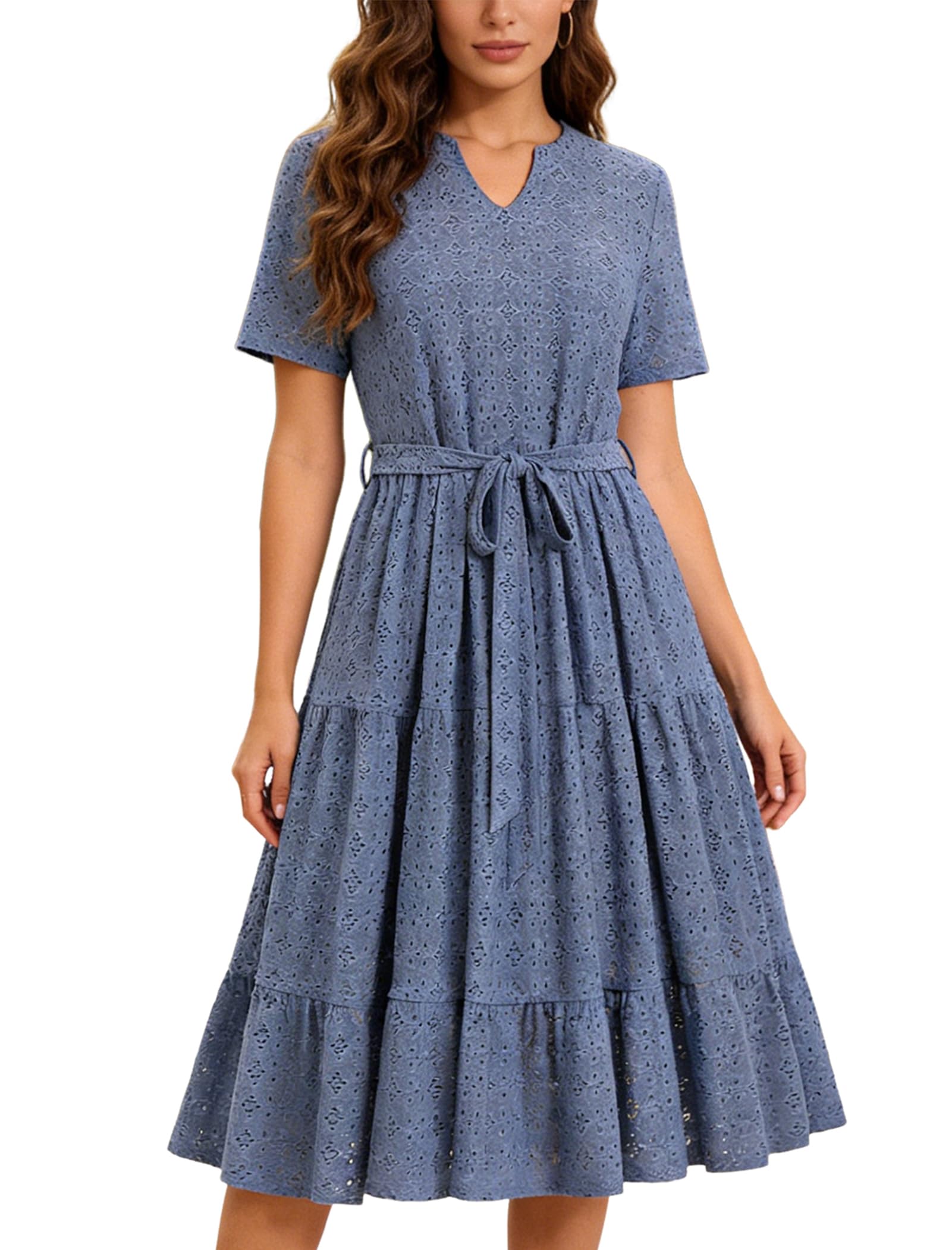 Damen Sommerkleid Elegantes Kurzarm-Kleid mit Lochstickerei Midi-Sommerkleid Knielanges A-Linien-Kleid mit Gürtel für Freizeit Urlaub Strand Büro Hochzeit Party