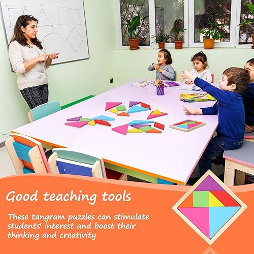 Miniatura 6 de Meooeck Paquete de 12 rompecabezas de madera Tangrams para el aula, rompecabezas con forma de niños, bloques de lógica cerebral para juegos, regalos
