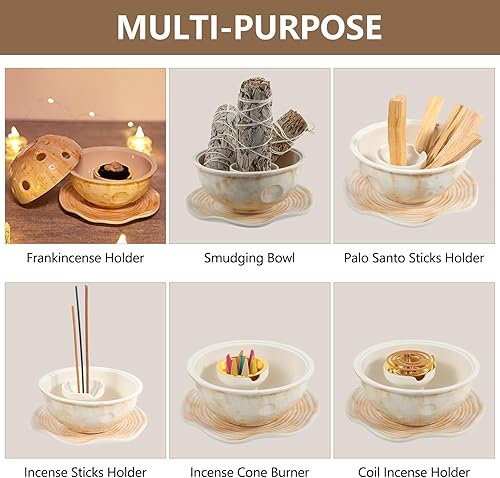 Miniatura 3 de Soporte de incienso de luna de cerámica 12 en 1, soporte de Palo Santo, cuenco de salvia para manchas, quemador de incienso de carbón, soporte para