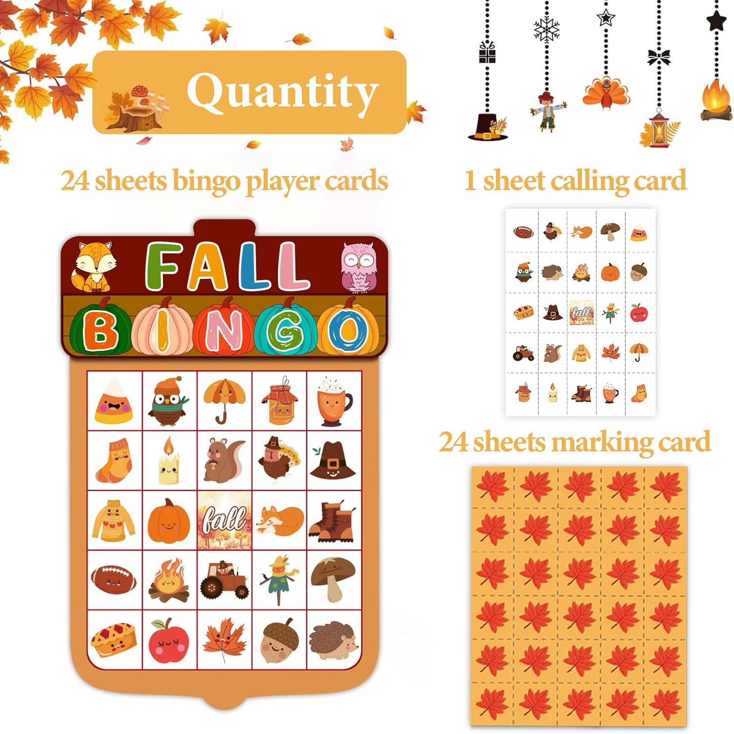 JUESMOS Fall Bingo Game for Kids Adults Fall Games Bingo Cards Autumn Party Games 24 Players Fall Bingo Harvest Game Fall Thanksgiving Game Supplies for School Classroom Family Activities Party Favors