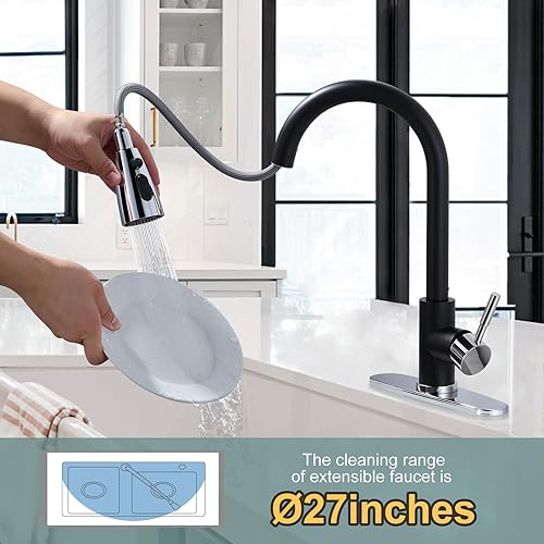 Miniatura 3 de WOWOW - Grifo de cocina negro y cromado con rociador, grifo de fregadero de cocina de acero inoxidable de arco alto, 1 o 3 agujeros, grifo de cocina
