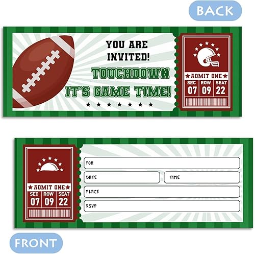 Miniatura 2 de UBLURO Invitaciones para fiesta de cumpleaños de fútbol, 20 boletos + 20 sobres, boleto estilo rugby tarjetas de invitación para fiestas de